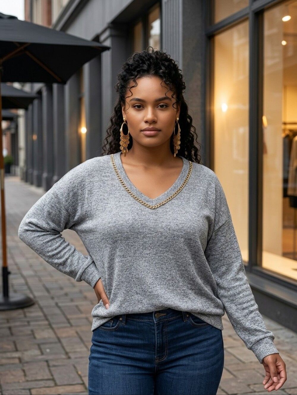 Cato 18/20 Soft Winter Sweater Gold Link Chain Trim V-Neck Women's Plus Size 2XL